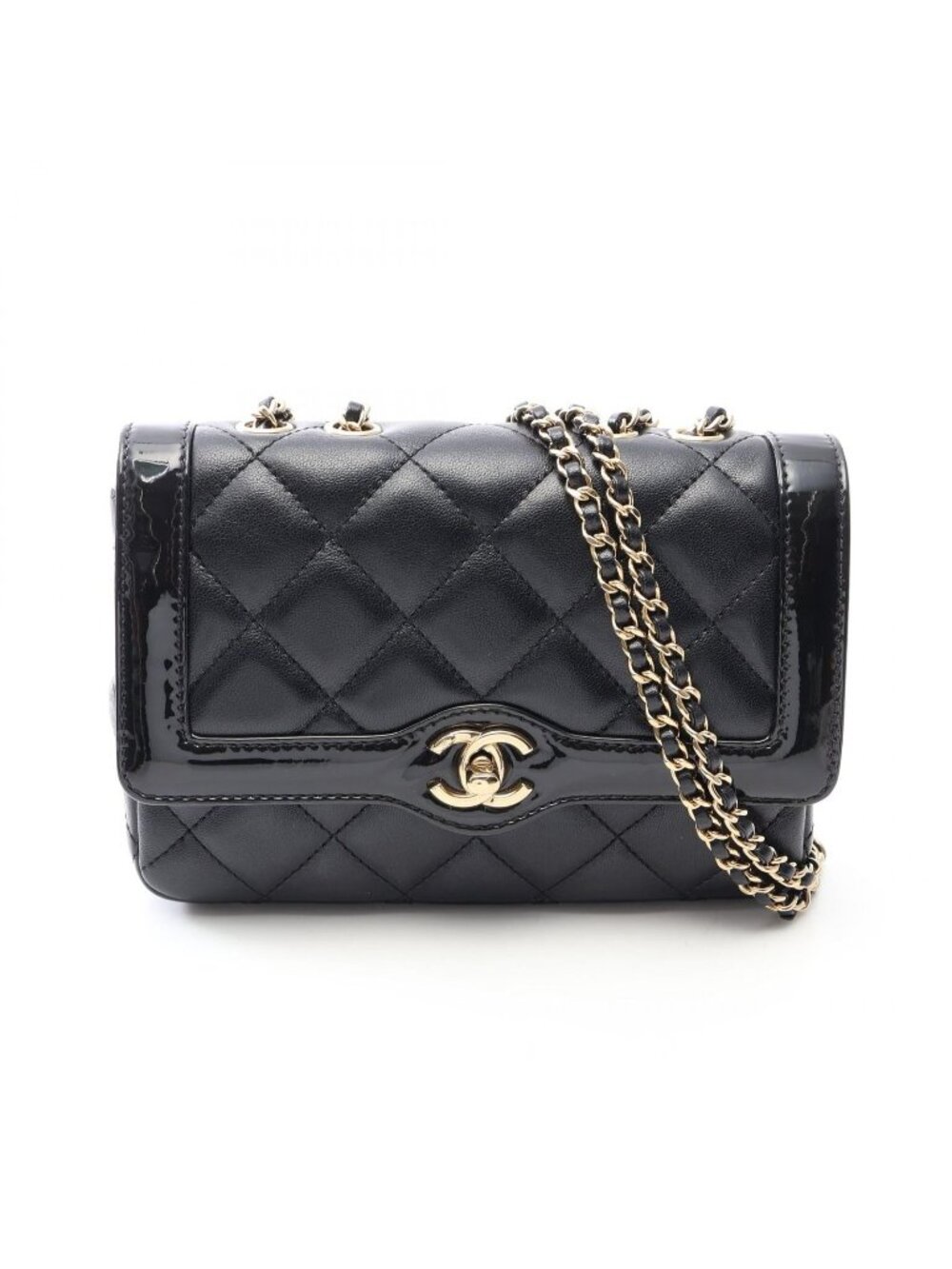 Chanel Shoulder Bag Quilted Mini Flap Black Leather Patent Small Chain